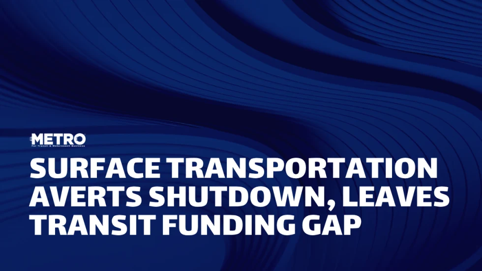 A blue and white graphic with text reading "Surface Transportation Averts Shutdown, Leaves Transit Funding Gap."