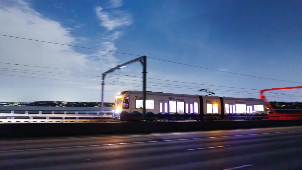 A Sound Transit Crosslake Connection Link light rail vehicle 