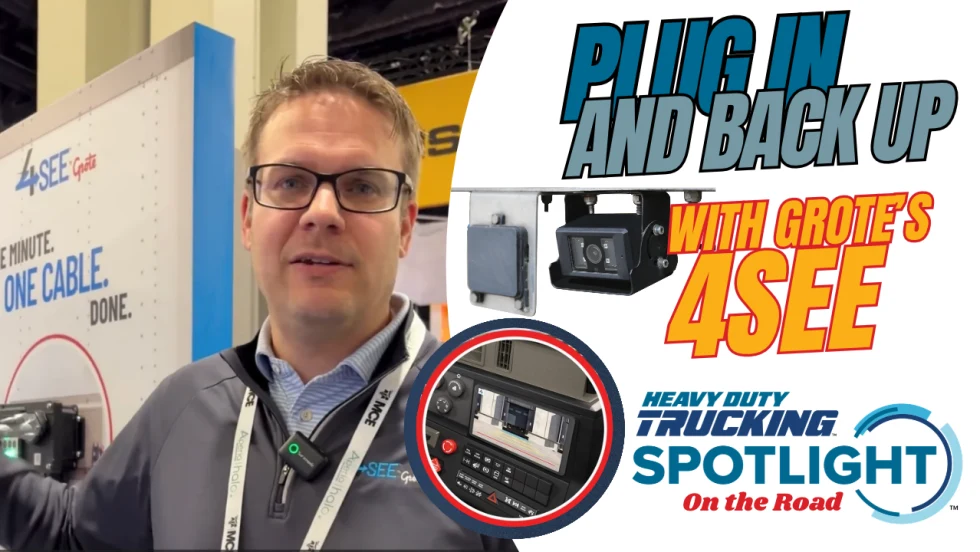 YouTube thumbnail showing man being interviewed and backup camera and in-cab screen showing backup video
