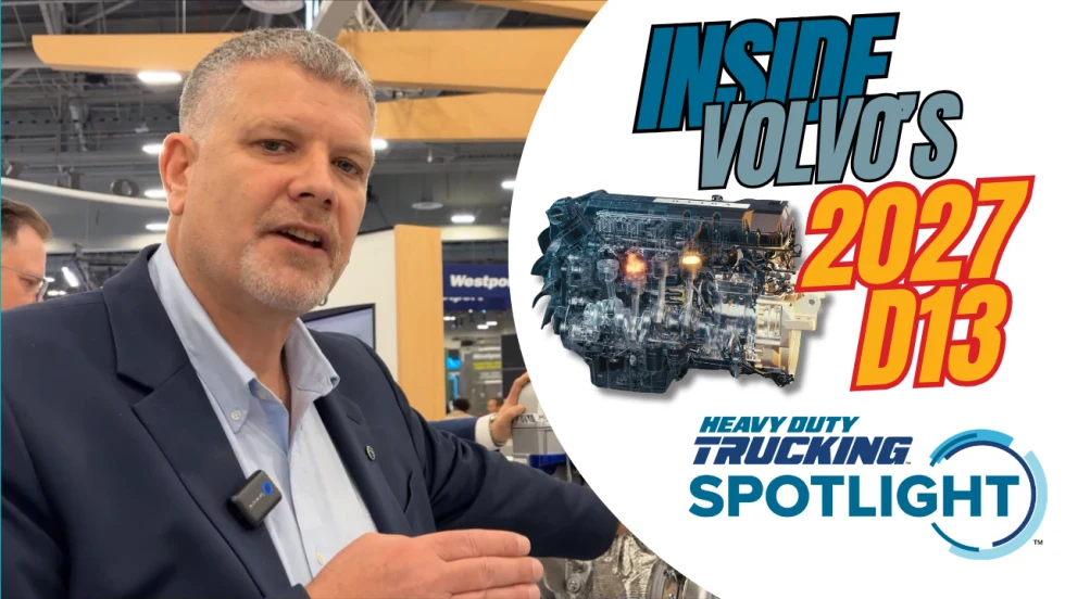 Video still of Volvo's Duane Tegels explaining the Volvo D13 diesel engine for EPA 2027 emissions