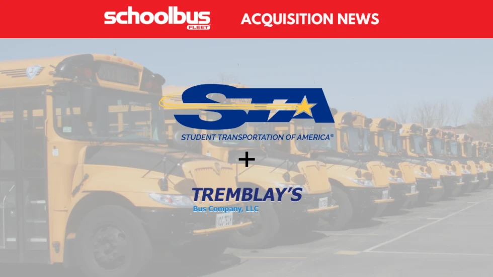 Graphic announcing an acquisition in the school transportation industry, featuring the Student Transportation of America (STA) and Tremblay's Bus Company logos over a background of parked yellow school buses, with the headline "Acquisition News" and School Bus Fleet branding.