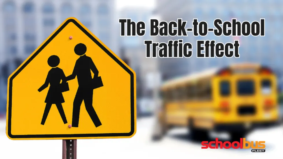 Graphic showing a yellow school crossing sign and blurred school bus with the headline, “The Back-to-School Traffic Effect.”