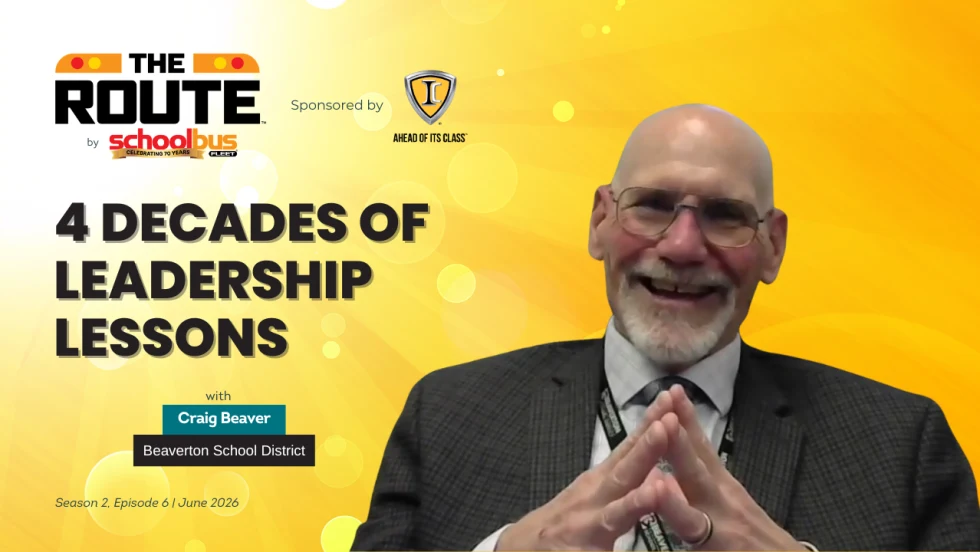 Promotional graphic for The Route podcast by School Bus Fleet. On a bright yellow background with light circular accents, large text reads "4 Decades of Leadership Lessons." Featured guest Craig Beaver of Beaverton School District is shown smiling in a suit and tie on the right side of the image. The School Bus Fleet logo and The Route branding appear at the top left, with sponsorship by IC Bus displayed near the top center.