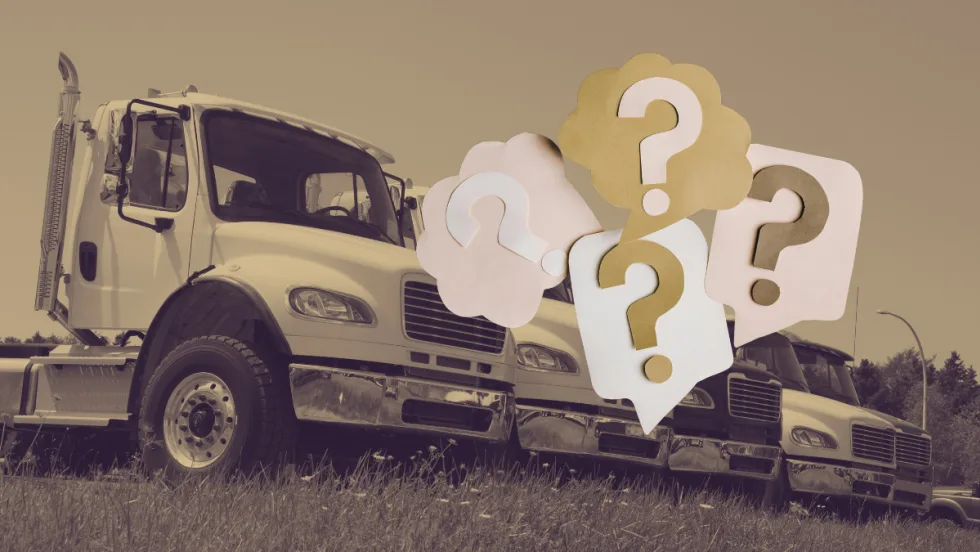 Illustration of a row of trucks with question marks overlaid
