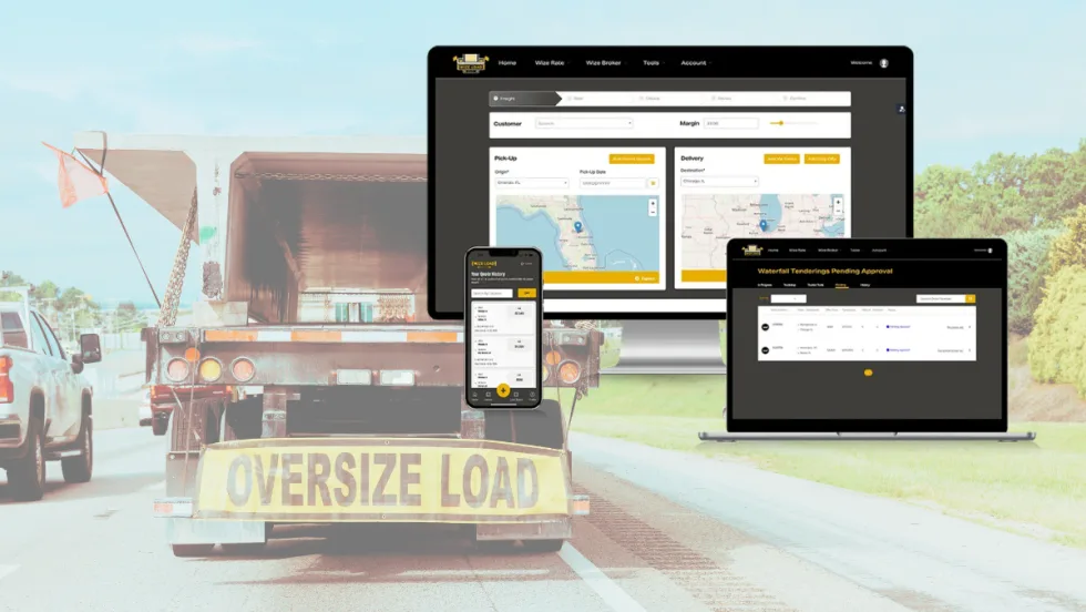 Illustration of computer and mobile screens with load matching software superimposed over photo of an oversize load