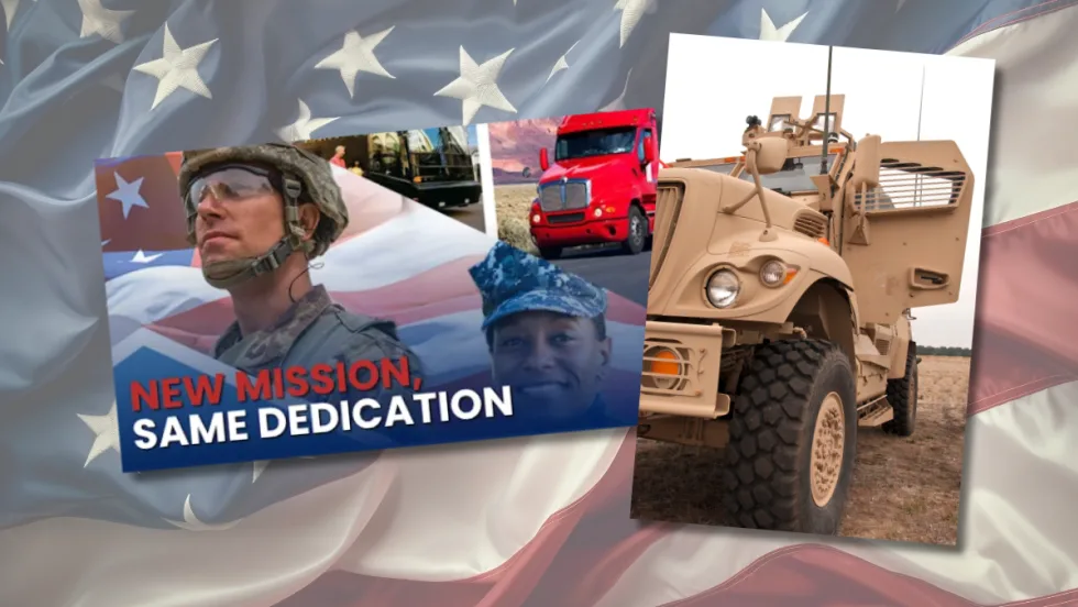 American flag in background with photos of military truck and Freedom Haulers ad graphic