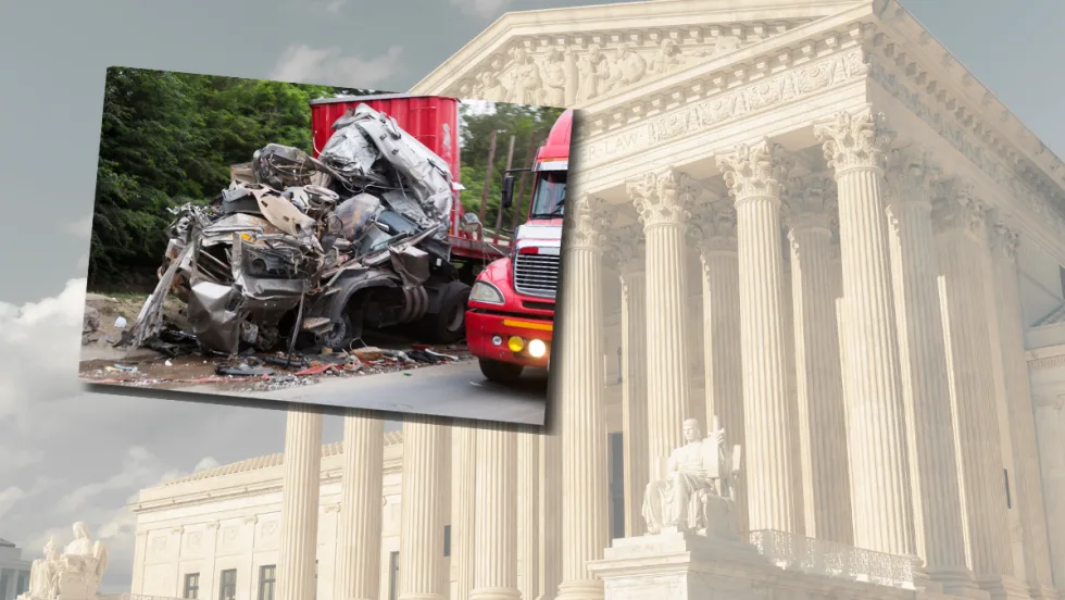 Illustration of U.S. Supreme Court building and a truck crash