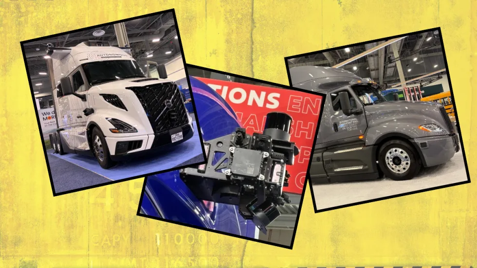 Illustration with caution graphic in background and photos of autonomous trucks