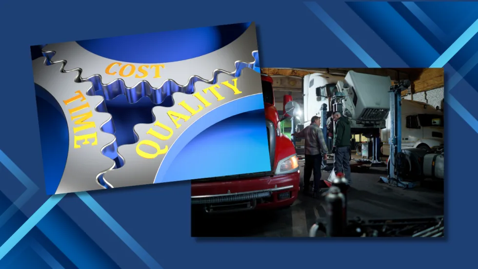 Graphic illustration of balancing quality and price with truck shop photo in the background