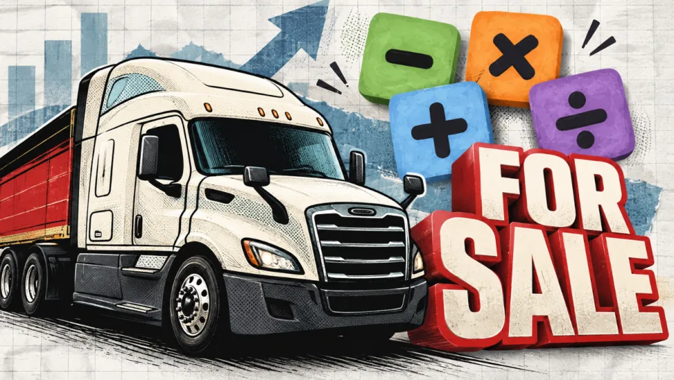 Illustration of a Freightliner used truck emerging from a SelecTrucks shop, with graphics saying "For Sale" and colorful cubes with math symbols