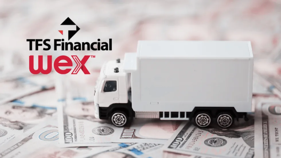 Illustration of toy truck on top of 100-dollar bills, with logos for Wex and TFS Financial