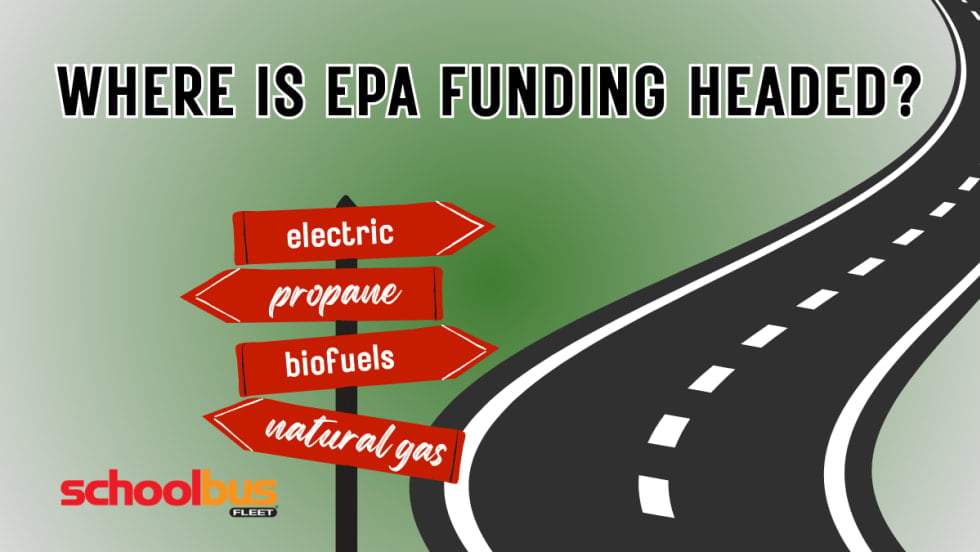 Graphic showing a winding road and directional signpost labeled “electric,” “propane,” “biofuels,” and “natural gas” beneath the headline “Where Is EPA Funding Headed?” with School Bus Fleet logo.