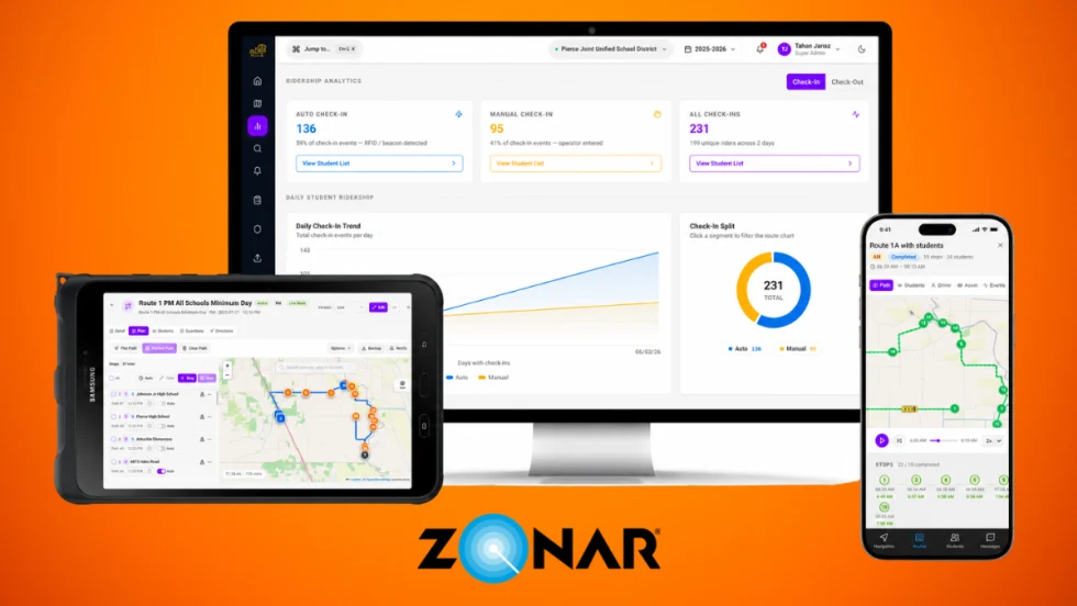 Promotional image of Zonar's Bus Suite platform displayed on a desktop monitor, tablet, and smartphone, showcasing dashboards for ridership analytics, route management, GPS tracking, and real-time student transportation operations.