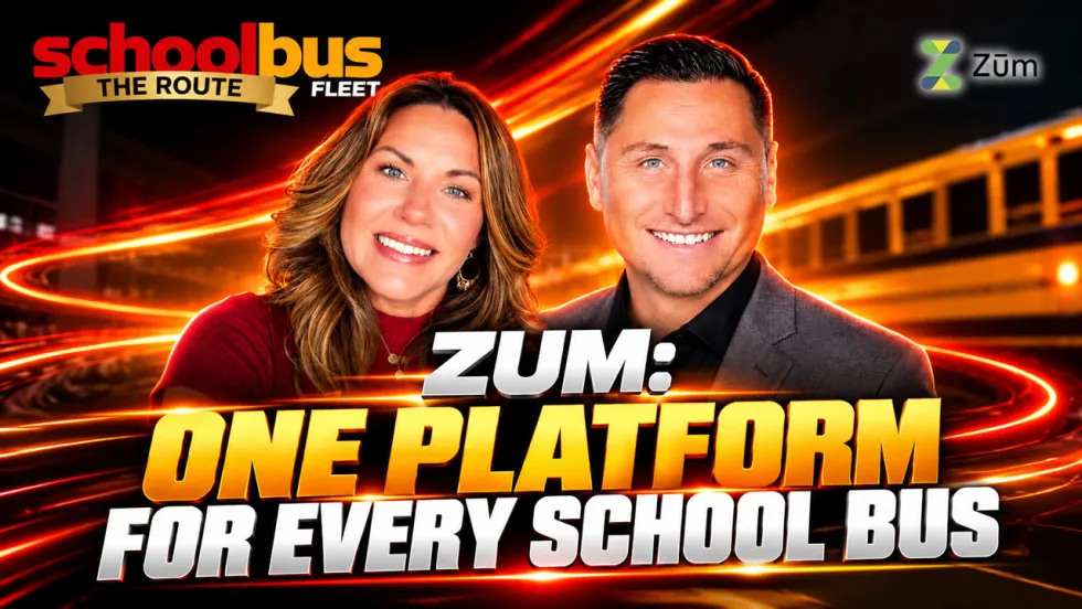 YouTube thumbnail featuring Zum representatives Stephanie Wilcoxson and Jerry Ortega against a school bus background, with the headline “Zum: One Platform for Every School Bus” and School Bus Fleet’s The Route logo.