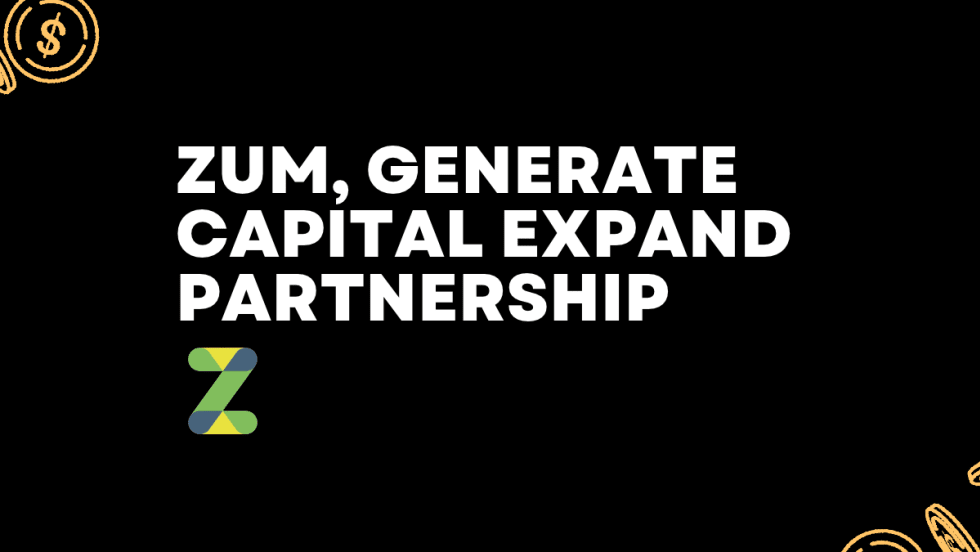 Black graphic with the headline “Zum, Generate Capital Expand Partnership,” the colorful Zum logo, and gold coin illustrations representing financing.