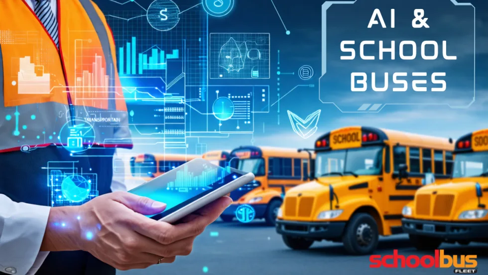 An image of a school transportation director holding a tablet, displaying data symbols overlayed, with several school buses visible in the background.
