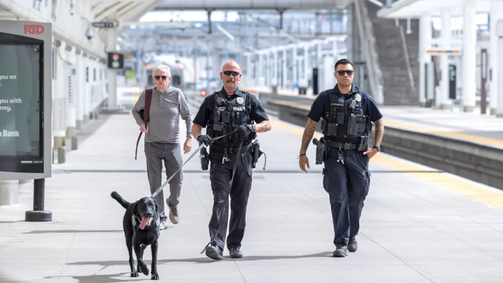 Two RTD transit police officers walk along a track with a police dog on a leash.