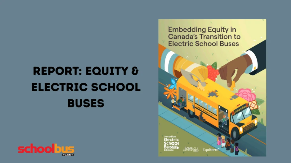 Report cover: Embedding Equity in Canada’s Transition to Electric School Buses, with illustration of hands assembling a bus.