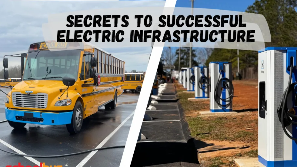  an electric school bus and an EV charger with text overlaid that says "secrets to successful electric infrastructure"