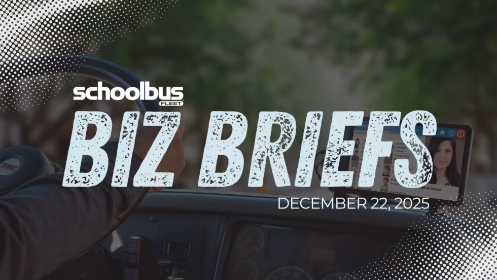 Image of a bus dashboard with text reading "Biz Briefs."