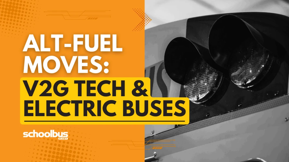 An orgnge, white, and black graphic with a black and white detail shot of lights on a school bus.