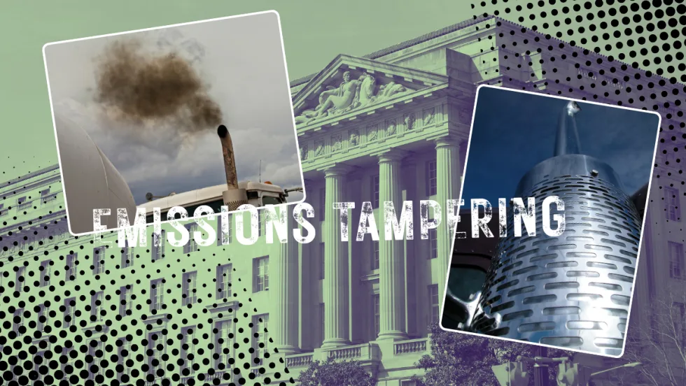 Illustration of Department of Justice building superimposed by truck exhaust stacks