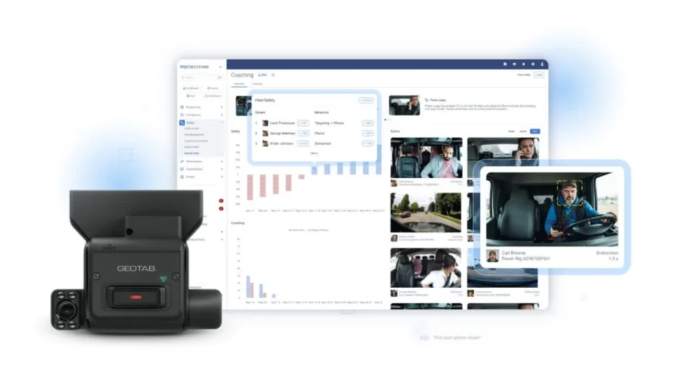 Geotab fleet safety platform showing driver coaching data and video of driving events alongside a Geotab vehicle camera.