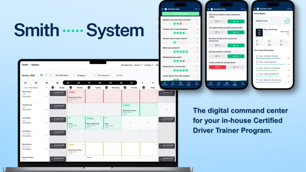 A blue graphic with lap top and phone iterations of Smith System's Trainer Center.