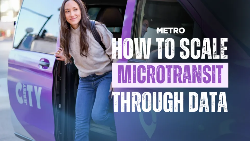 An image of a woman exiting a Via microtransit fane with text reading "How to Scale Microtransit Through Data."