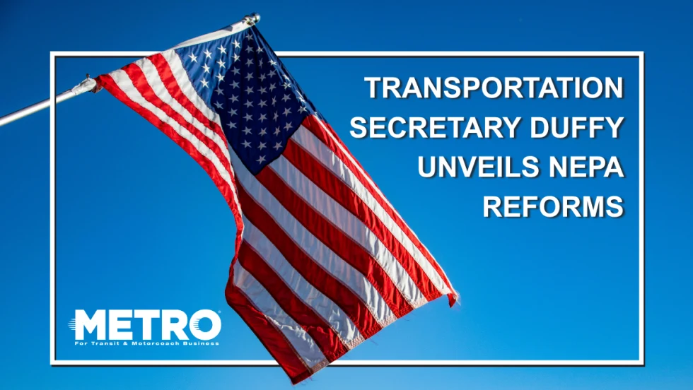 An American flag on a blue, cloudless sky with text reading, "Transportation Secretary Duffy Unveils NEPA Reforms". 