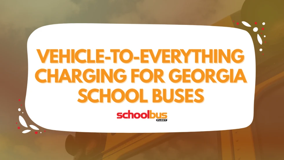 An orange and white graphic with text reading, "Vehicle-to-Everything Charging for Georgia School Buses."