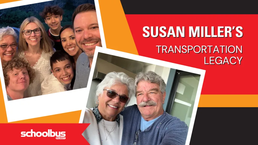 A polaroid collage of images of Susan Miller and her family, plus text reading, "Susan Miller's Transportation Legacy".