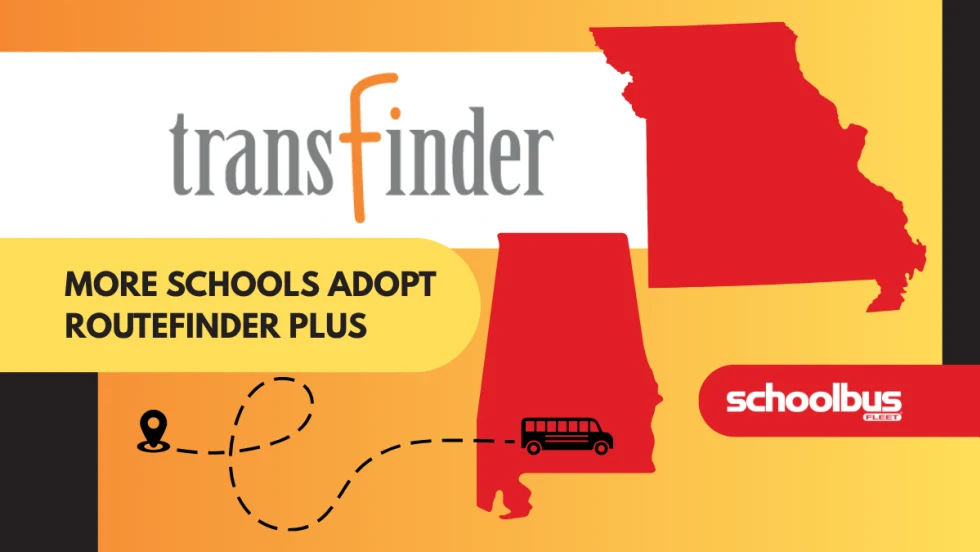 Graphic with Missouri and Alabama state outlines, Transfinder logo, and text reading "More Schools Adopt Routefinder PLUS". 