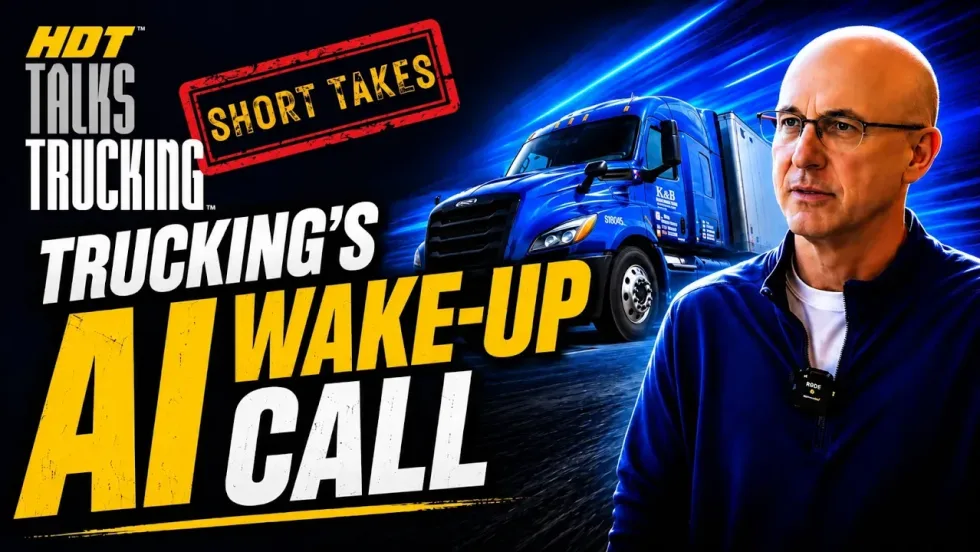YouTube thumbnail with photo of K&B's Lance Evans with truck in the background and the words, Trucking's AI Wake-Up Call