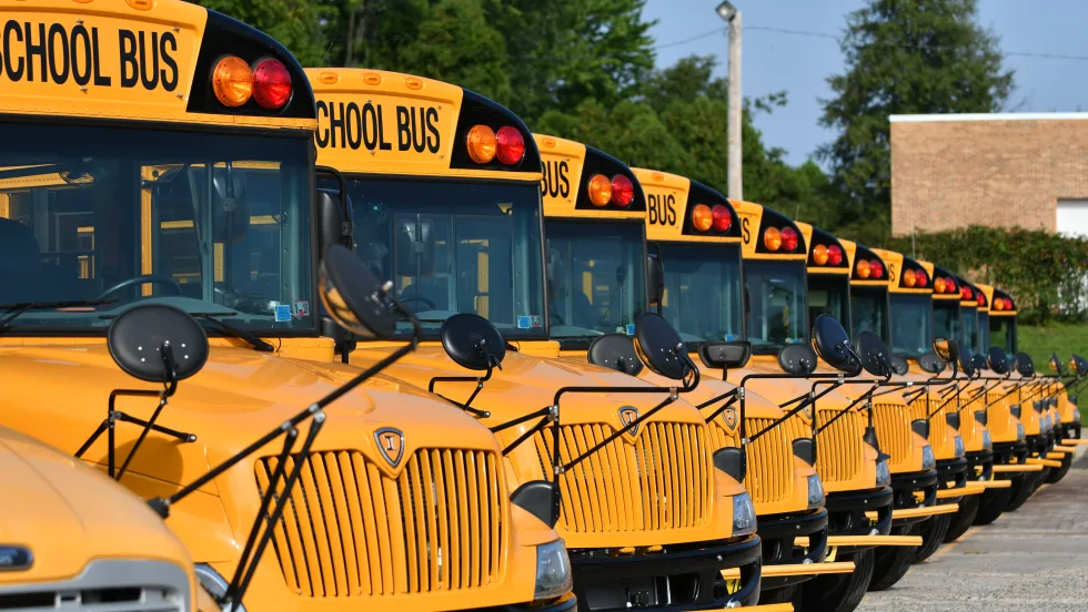 Row of yellow school buses parked in a lot, lined up bumper-to-bumper with mirrors extended, photographed outdoors in daylight with trees and buildings in the background.