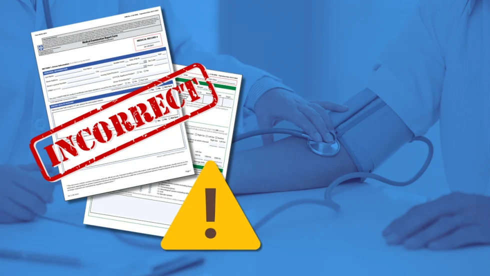 DOT medical forms with incorrect stamp and photo of blood pressure check