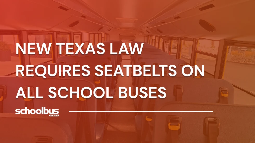 Interior of a school bus showing rows of seats with integrated three-point seat belts, highlighting Texas’ new law requiring seat belts on all school buses.