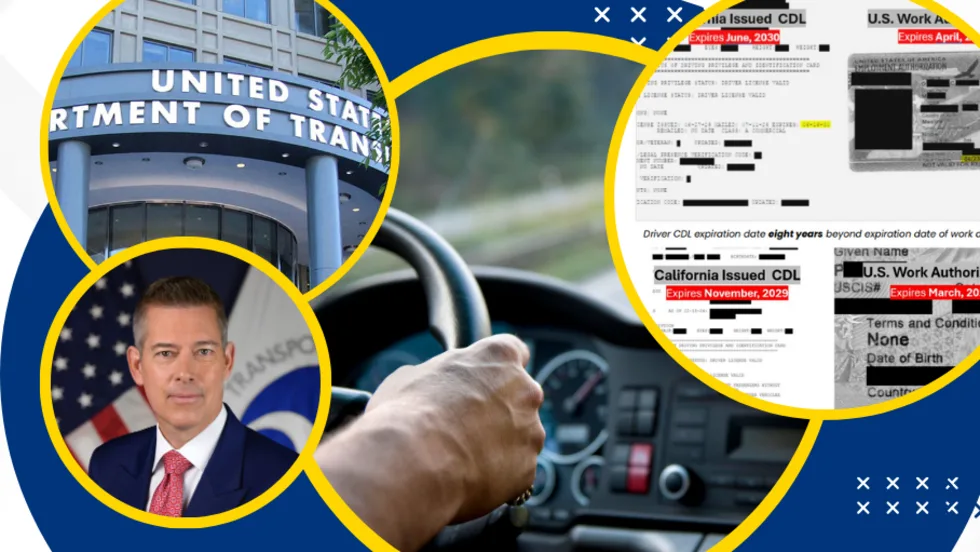  Illustration showing a driver behind the wheel, DOT offices, and examples of problematic non domiciled CDL