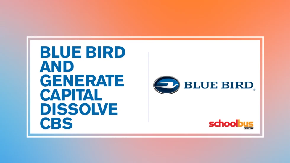 A blue, orange, and white graphic with text reading "Blue Bird and Generate Capital Dissolve CBS."