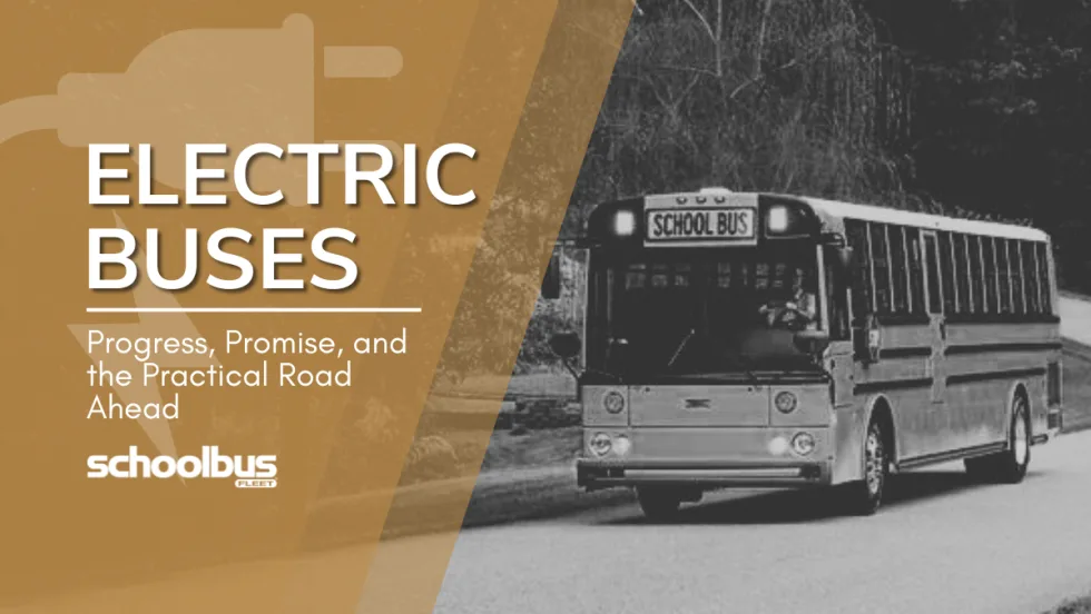 A black and white image of a Thomas Built Wattson bus with text reading "Electric Buses: Progress, Promise, and the Practical Road Ahead."