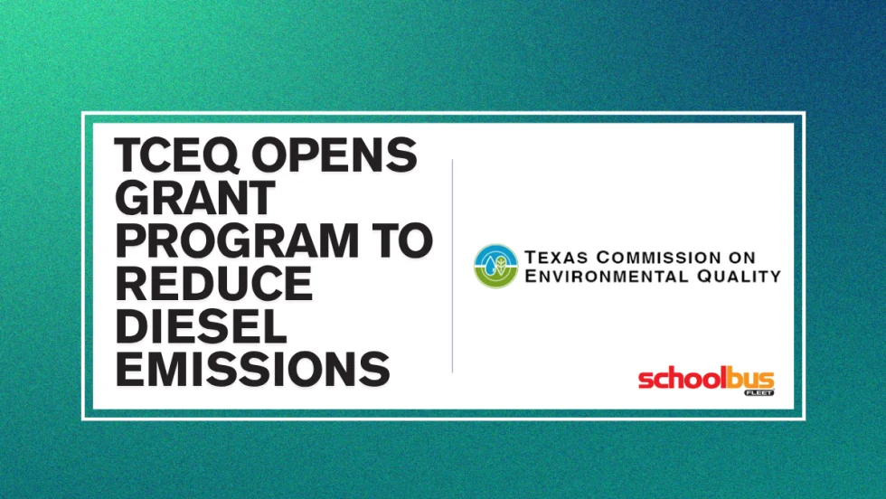 A blue, green, and white graphic with text reading "TCEQ Opens Grant Program To Reduce Diesel Emissions."