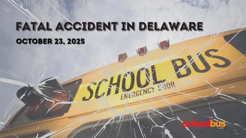 The top of a school bus with text reading "Fatal Accident in Delaware."