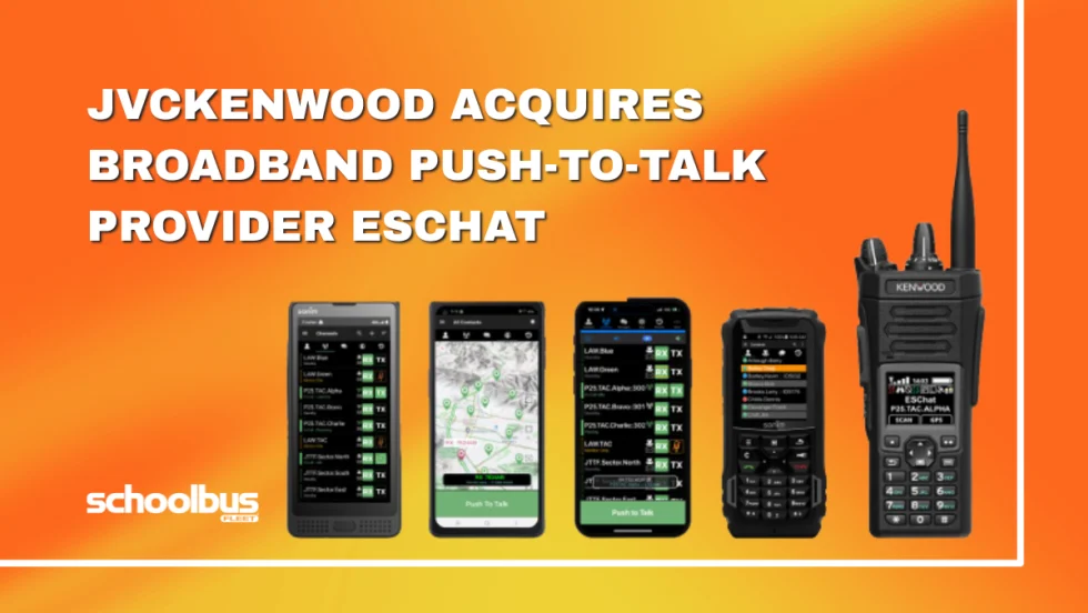 An orange and white graphic with ESChat and JVCKENWOOD products.