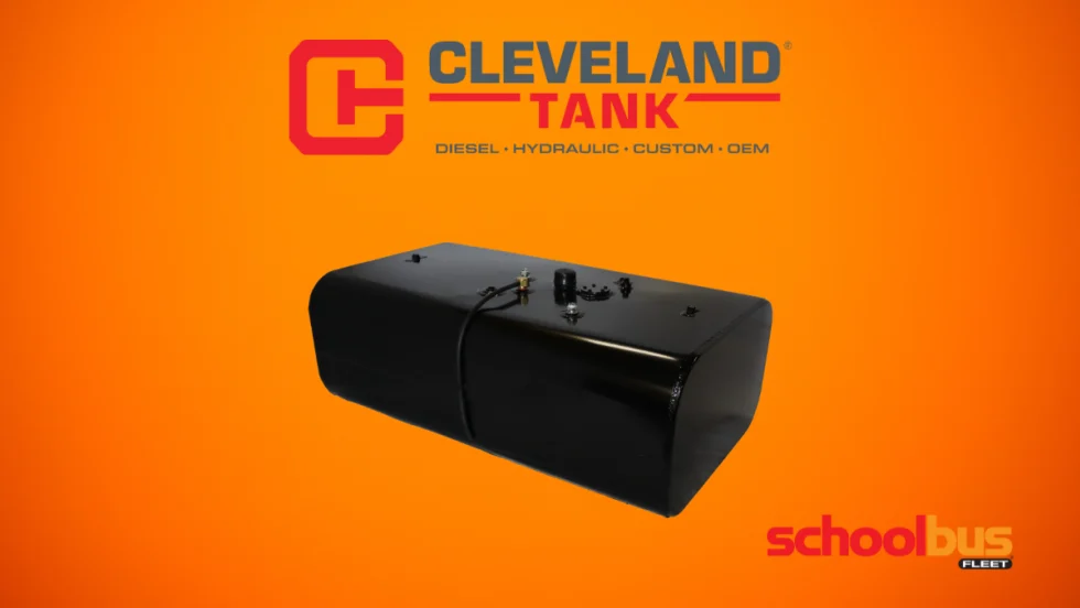 Black diesel fuel tank with Cleveland Tank and School Bus Fleet logos on an orange background.