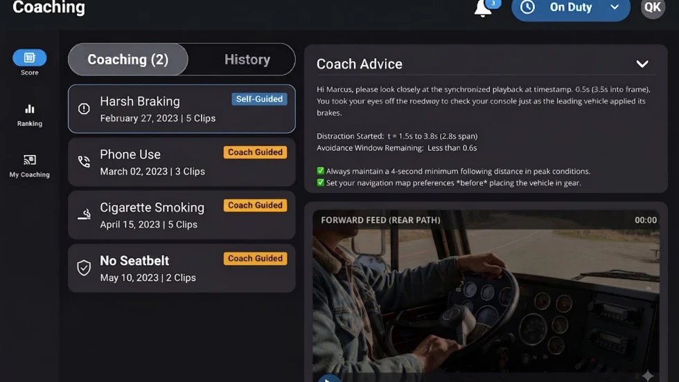 PS Coach tablet interface showing a driver’s coaching inbox, safety event video and coaching advice for a harsh-braking event.