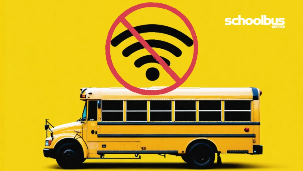 A yellow school bus on a bright yellow background with a large “no Wi-Fi” symbol above it