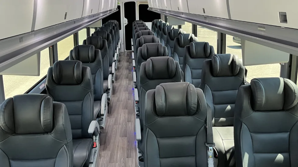 Interior of a MCI J4500 bus with 2+1 executive seating.