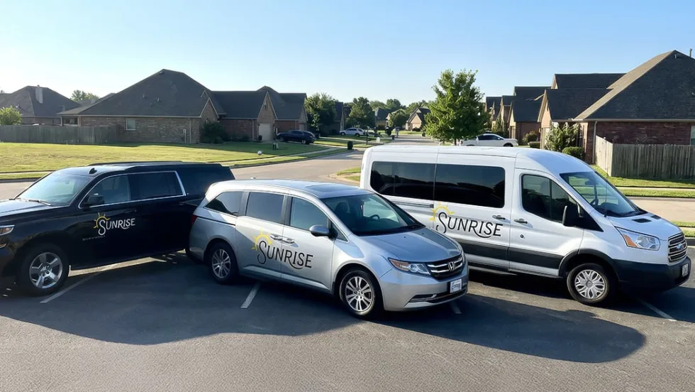 Three Sunrise-branded student transportation vehicles — a black SUV, silver minivan, and white passenger van — parked together in a residential neighborhood.