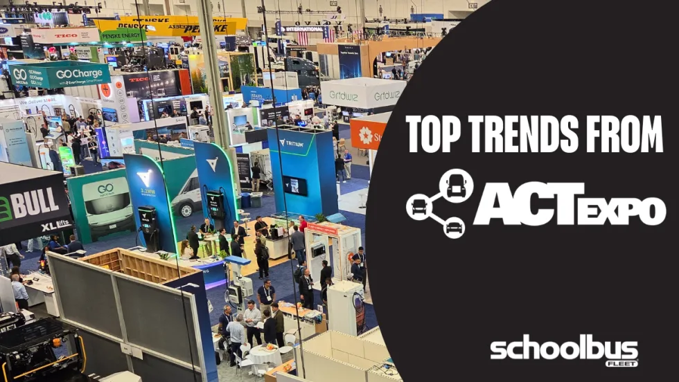 Graphic showing a wide overhead view of the ACT Expo 2026 trade show floor filled with exhibitors, charging technology displays, and attendees. A black overlay on the right side features the text “Top Trends from ACT Expo” alongside the ACT Expo logo and School Bus Fleet branding.