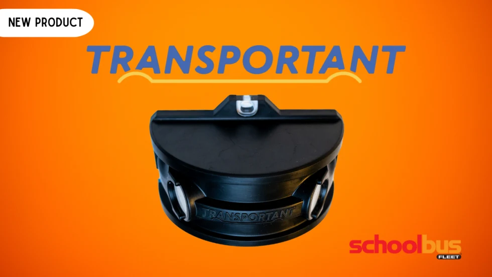 Transportant stop arm camera shown on an orange “new product” graphic with School Bus Fleet branding.
